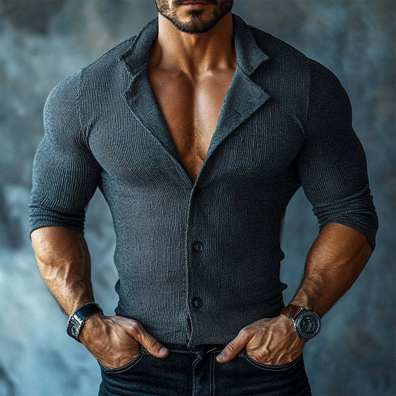 Men's Slim Fit Striped Lapel Long Sleeve Shirt