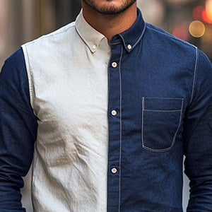 Men's Spring And Autumn Cotton And Linen Contrast Color Stitching Shirt