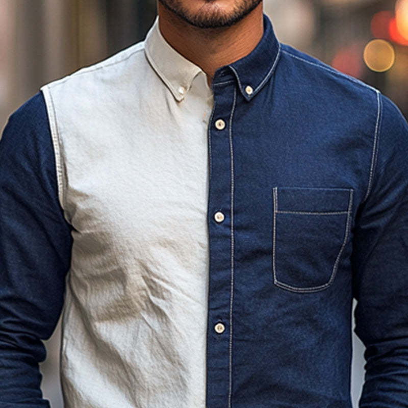 Camisa de algodón y lino con costuras en contraste para hombre, primavera y otoño