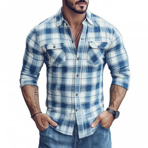 Camisa informal de algodón a cuadros con solapa y bolsillo en el pecho para hombre, corte entallado, manga larga