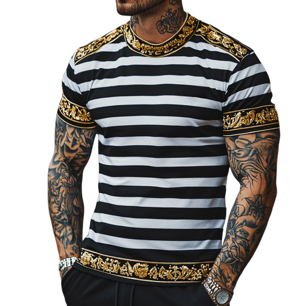 Camiseta de manga corta con cuello redondo y estampado barroco retro informal para hombre