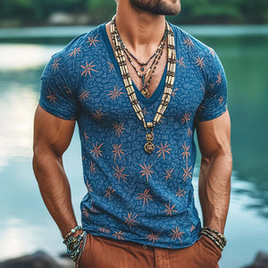 Camiseta de manga corta con cuello en V y estampado floral retro informal para hombre