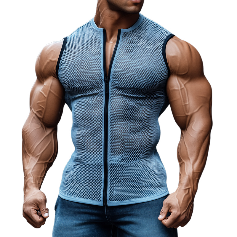 Camiseta deportiva sin mangas con cremallera, estilo retro informal, de malla elástica, sin cuello, para hombre