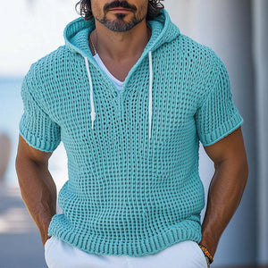 Camiseta de manga corta con capucha y corte ajustado de tejido de moda de primavera para hombre