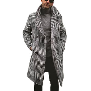 Men's Retro Classic Casual Double Breasted Knee-Length Houndstooth Coat