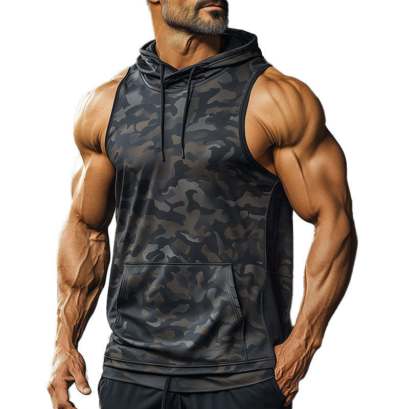 Camiseta sin mangas con capucha estampada de moda de primavera para hombre