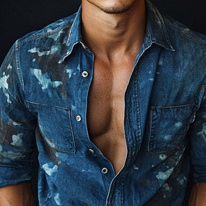 Men's Spring And Autumn Dark Blue Denim Printed Shirt