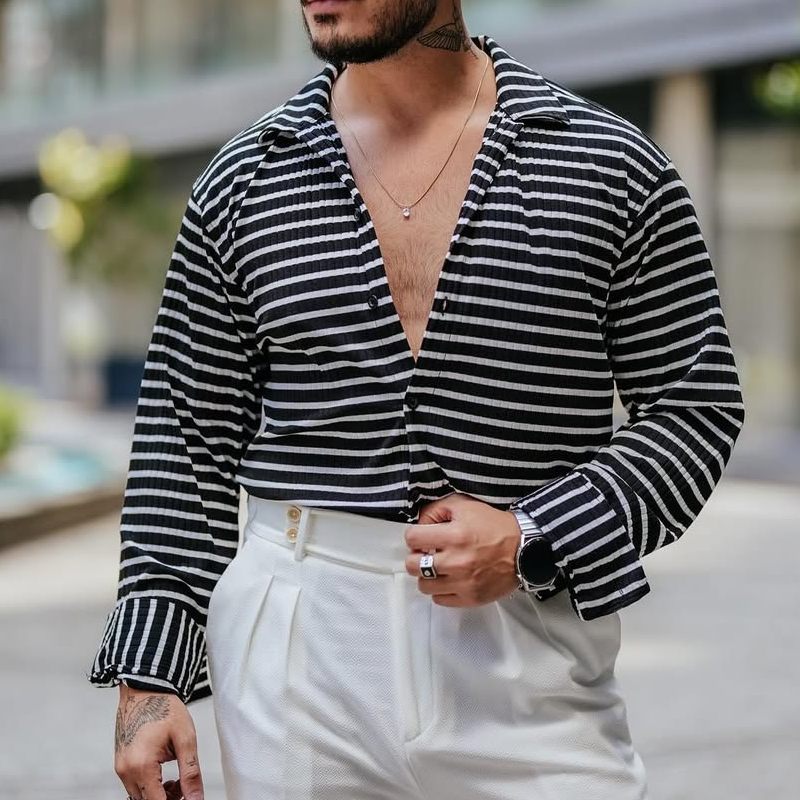Men's Fashion Striped Lapel Long Sleeve Shirt