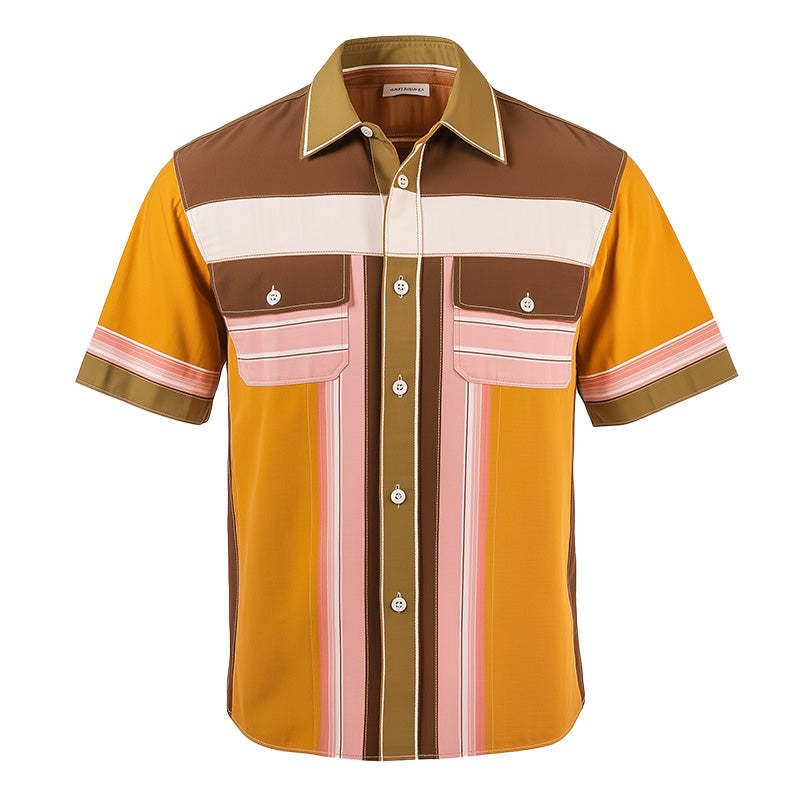 Camisa de manga corta con estampado de rayas en contraste retro para hombre