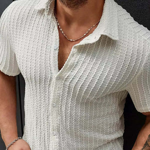Camisa de manga corta ajustada con textura jacquard blanca para hombre