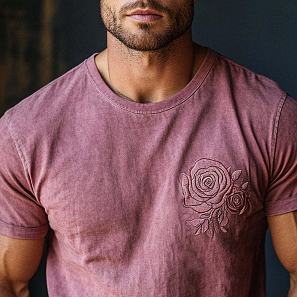 Herren-T-Shirt mit Retro-Waschung und Rosenstickerei, kurzärmelig