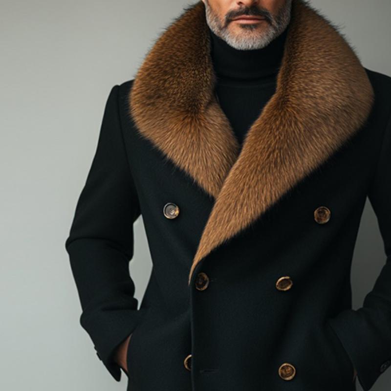 Men's Retro Casual Fur Collar Spliced Tweed Coat