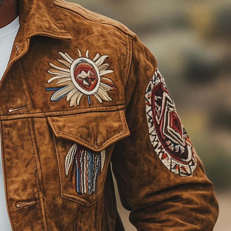 Leichte Wildlederjacke mit Vintage-Stickerei für Herren