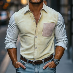 Camisa informal de manga larga con empalme de gamuza ajustada de moda de primavera para hombre