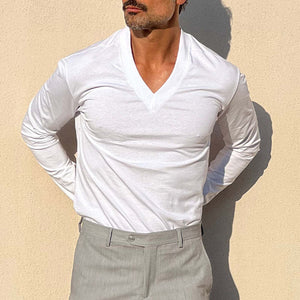 Camiseta de manga larga con cuello en V y mezcla de colores sólidos para hombre