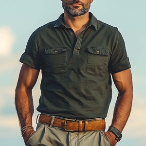 Camiseta informal de verano con cuello polo desgastado y doble bolsillo para hombre