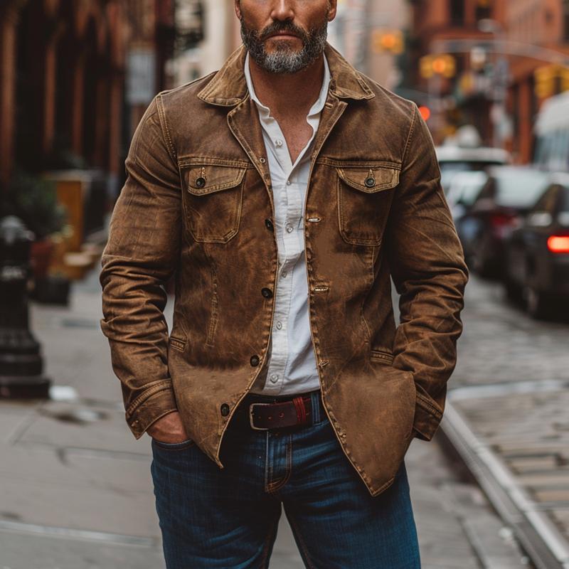 Men's Vintage Heavy Washed Leather Lapel Single Breasted Multi-Pocket Work Jacket