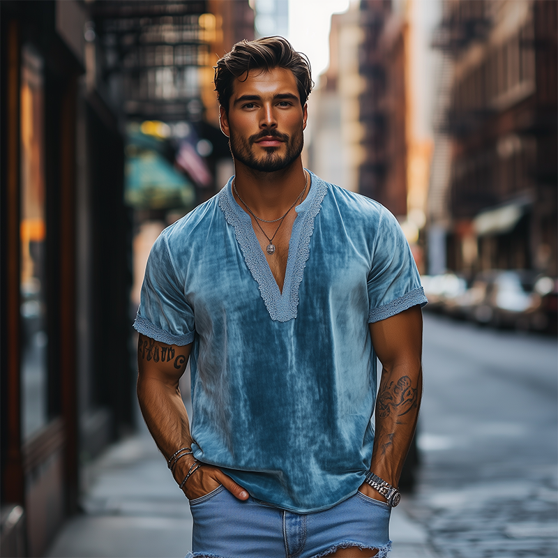 Herren Frühlingsmode Tiefer V-Ausschnitt Spitzennähte Samt Kurzarm T-Shirt