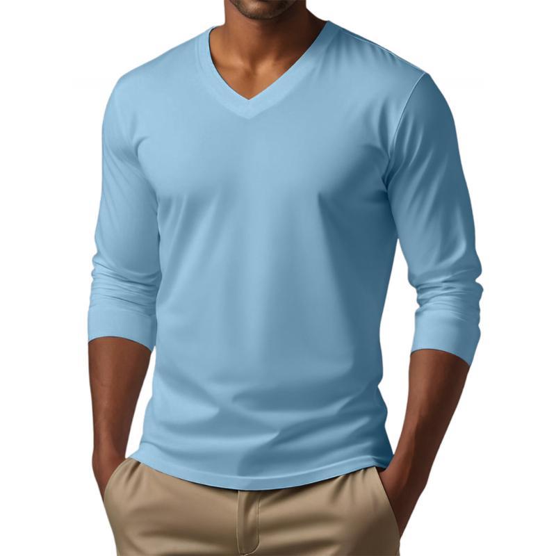 Camiseta informal de manga larga ajustada de algodón mezclado con cuello en V para hombre