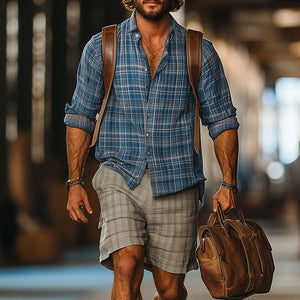 Men's Western Retro Plaid Print Long Sleeve Shirt Shorts Set