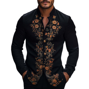 Men's Spring And Autumn Retro Embroidered Stand Collar Long Sleeve Shirt