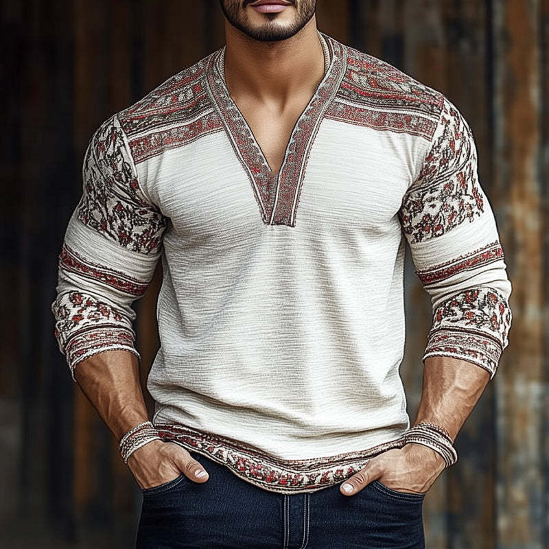 Camiseta de manga larga con cuello en V arrugado y estampado retro con bloques de color para hombre