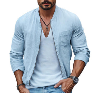 Chaqueta de algodón y lino liso con cuello alto y cremallera en el pecho para hombre