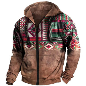 Men's Retro Casual Ethnic Style Geometric Print Zipper Hoodie