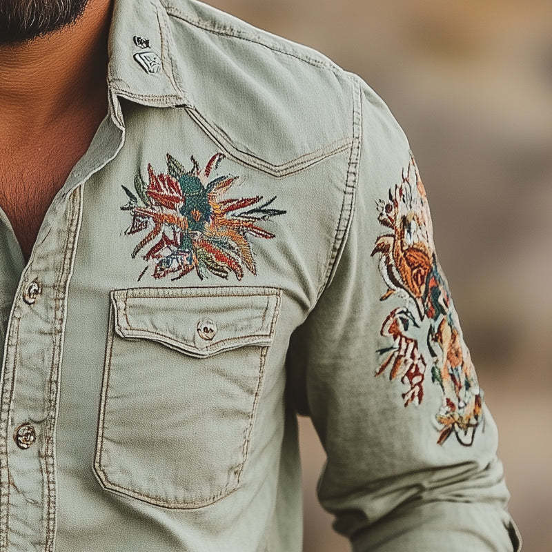 Men's Casual Embroidered Lapel Long Sleeve Shirt