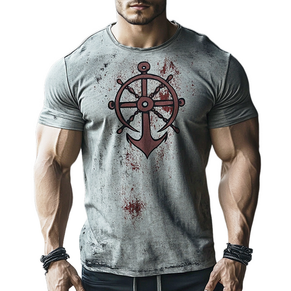 Camiseta informal de manga corta y cuello redondo con estampado retro de ancla náutica para hombre