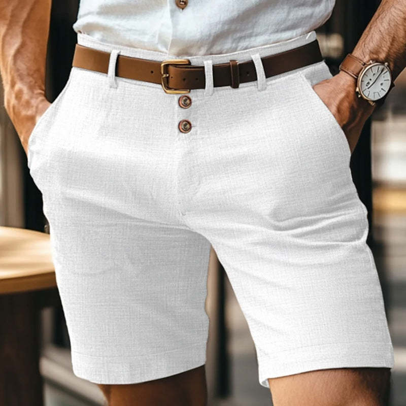Pantalones cortos de traje casuales de lino y algodón para hombre, corte entallado