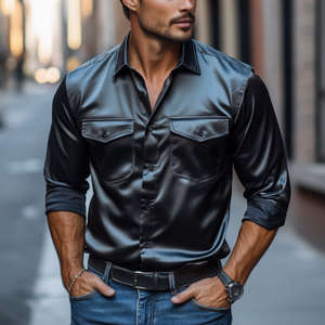 Camisa de manga larga de satén informal retro de moda para hombre primavera verano