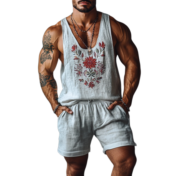 Herren Casual Leinen Blumenstickerei U-Ausschnitt Lockeres Tanktop Shorts Set