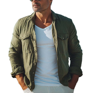 Men's Spring And Autumn Army Green Cotton And Linen Long Sleeve Shirt