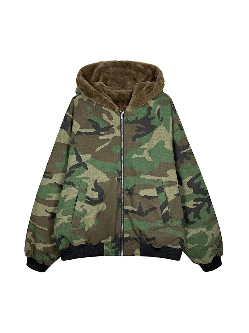 Camouflage Fur Hooded Fleece Jacket