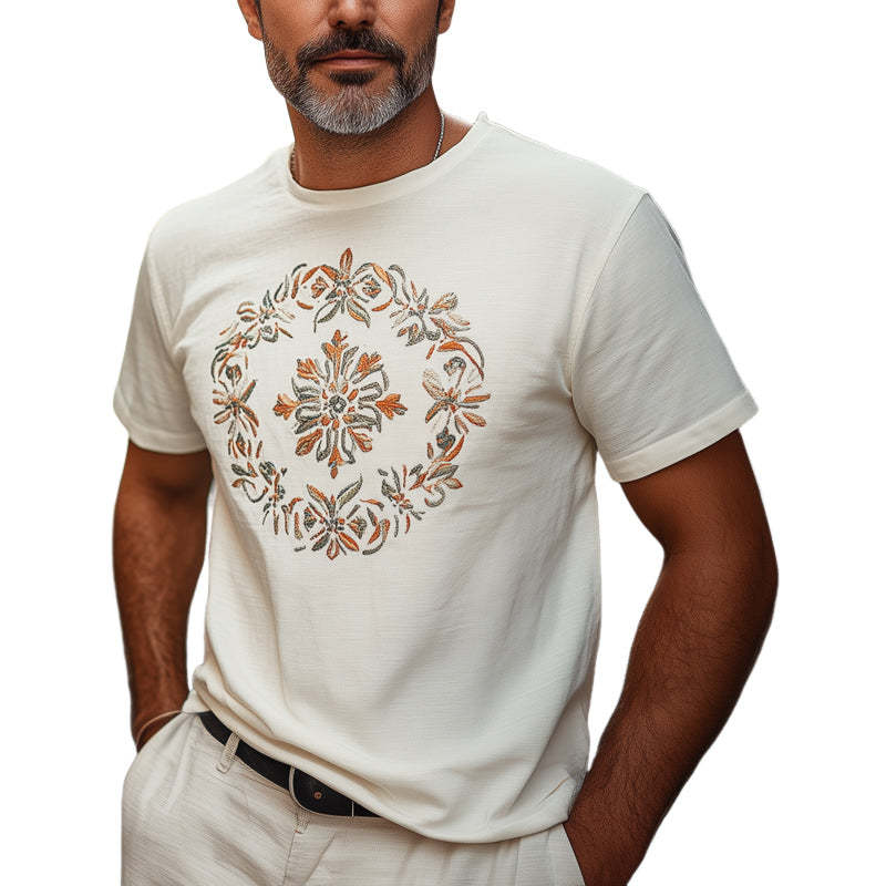 Camiseta informal de algodón bordada de manga corta para hombre