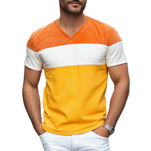 Men's Spring And Summer Personality Casual V-neck Bright Suede Splicing Short-sleeved T-shirt