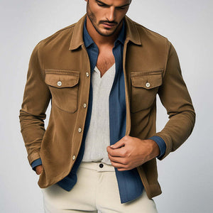 Men's Spring And Autumn Basic Brown Suede Long Sleeve Shirt