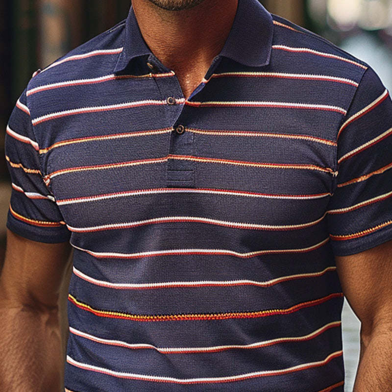 Men's Casual Striped Print Short-sleeved Breathable Polo Shirt