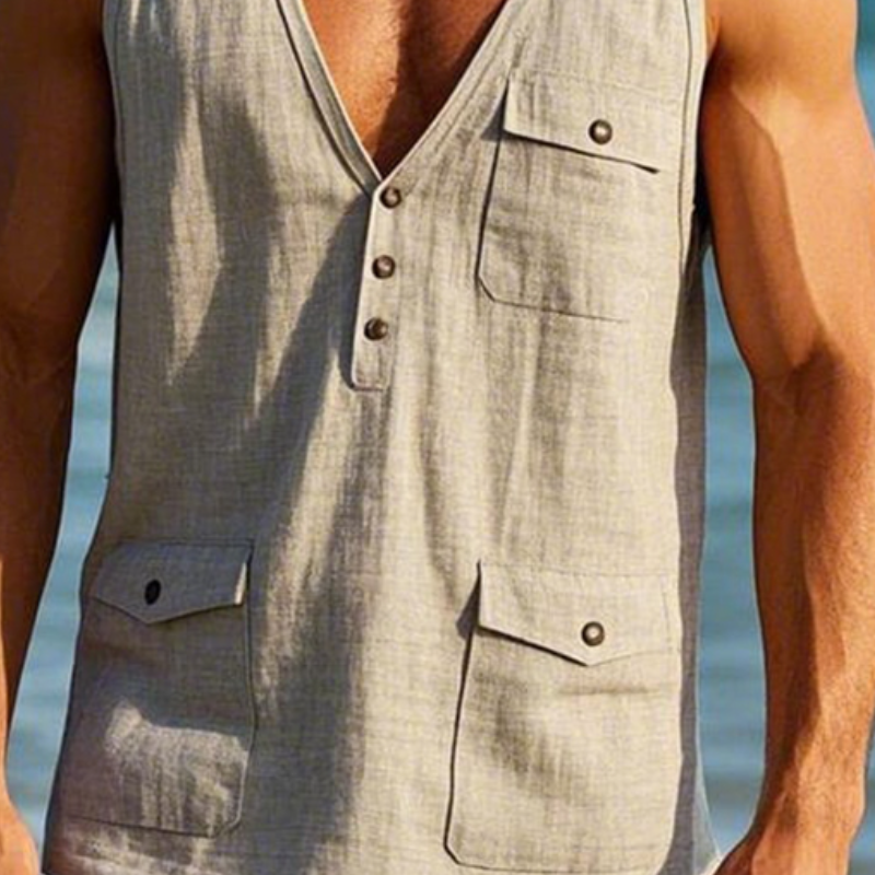Men's Vintage Linen Multi-Pocket V-Neck Tank Top