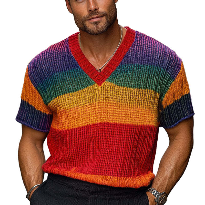 Camiseta de punto de manga corta con rayas arcoíris para hombre 