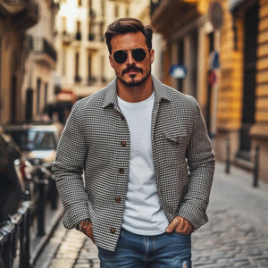 Herren Vintage Einreihige Hemdjacke mit Hahnentrittmuster und Revers