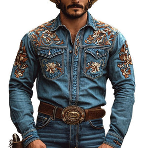 Herren-Jeanshemd im Western-Cowboy-Stil mit besticktem Revers und Brusttasche, langärmelig