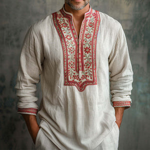 Camisa informal de manga larga con cuello abierto y bordado para hombre