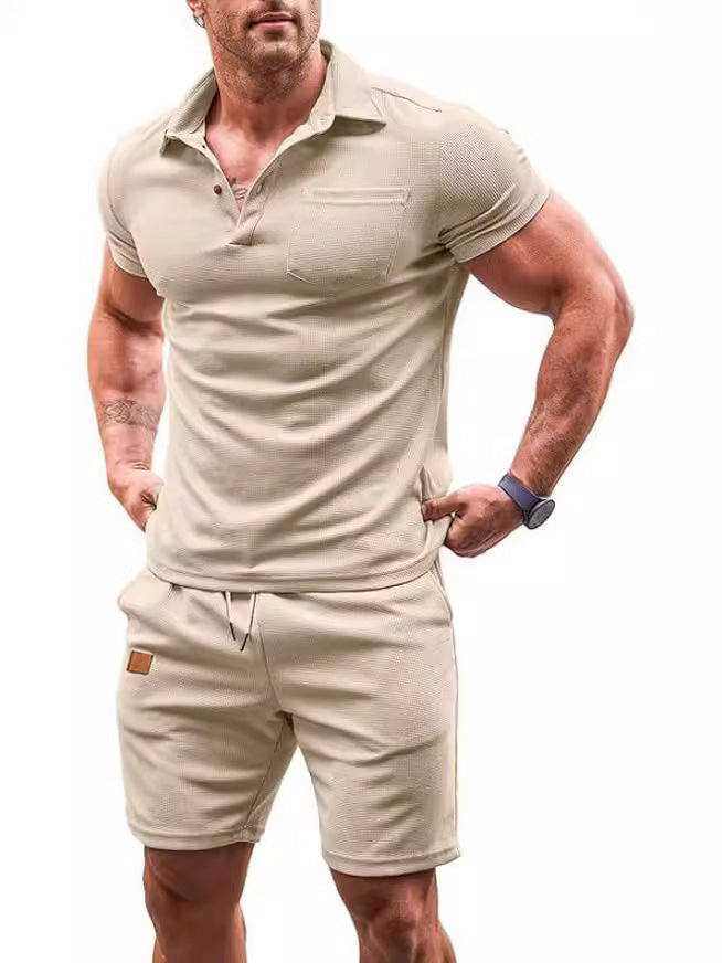 WAFFLE SUIT LAPEL SHIRT CASUAL SOLID COLOR SHORT SLEEVED SHORTS