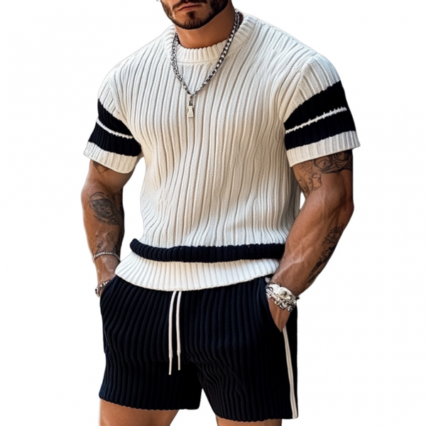 Men's Casual Contrast Color Round Neck Loose Short Sleeve Sweater Elastic Waist Shorts Set
