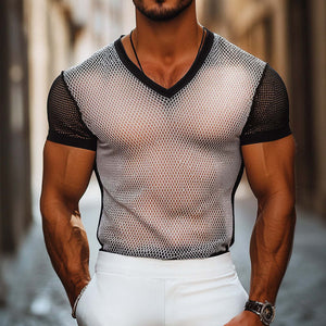 Camiseta de manga corta con cuello en V, estilo retro, informal, de verano, con tejido de malla y bloques de color para hombre