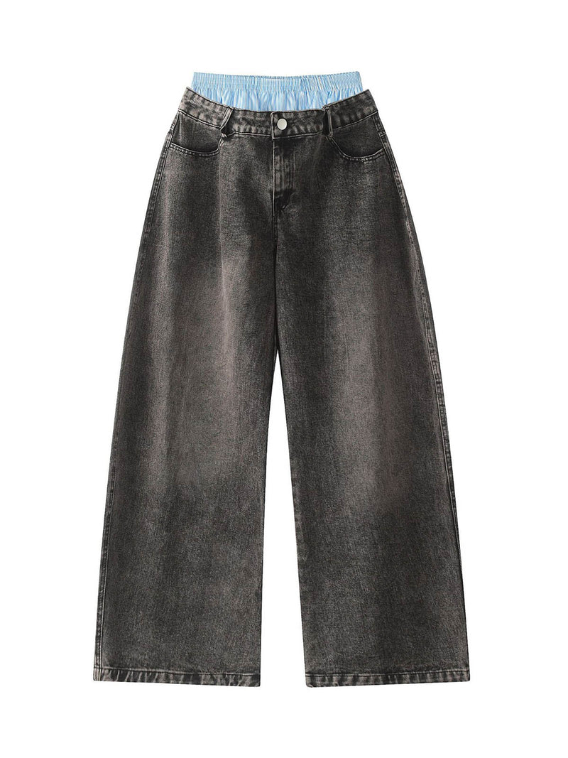 Washed Faux Two-Piece Baggy Jeans