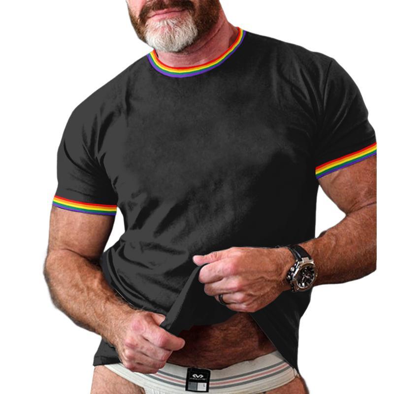 Camiseta de manga corta con cuello redondo y diseño de patchwork de rayas arcoíris para hombre