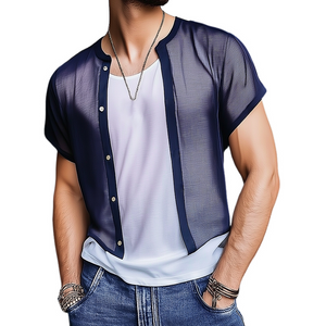 Men's Retro Casual Mesh Cropped Button Short Sleeve Shirt